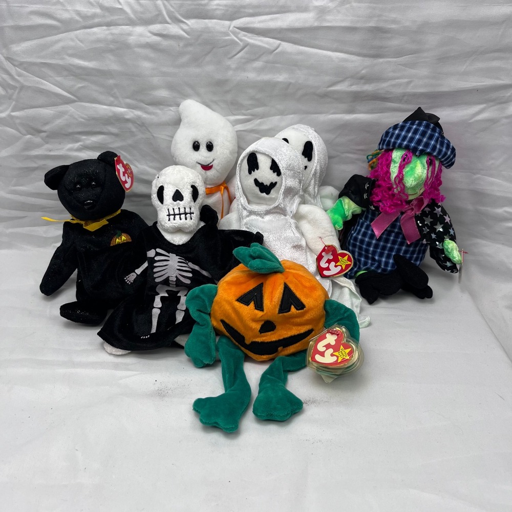 Ty Beanie Babies Halloween Spooky Plush Lot Multicolor Pumpkin Witch Ghost Set